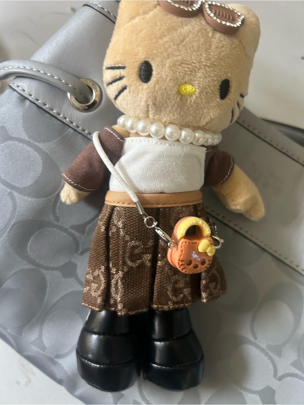 Hello Kitty Plush Doll Keychain with Brown Outfit and Pearl Necklace